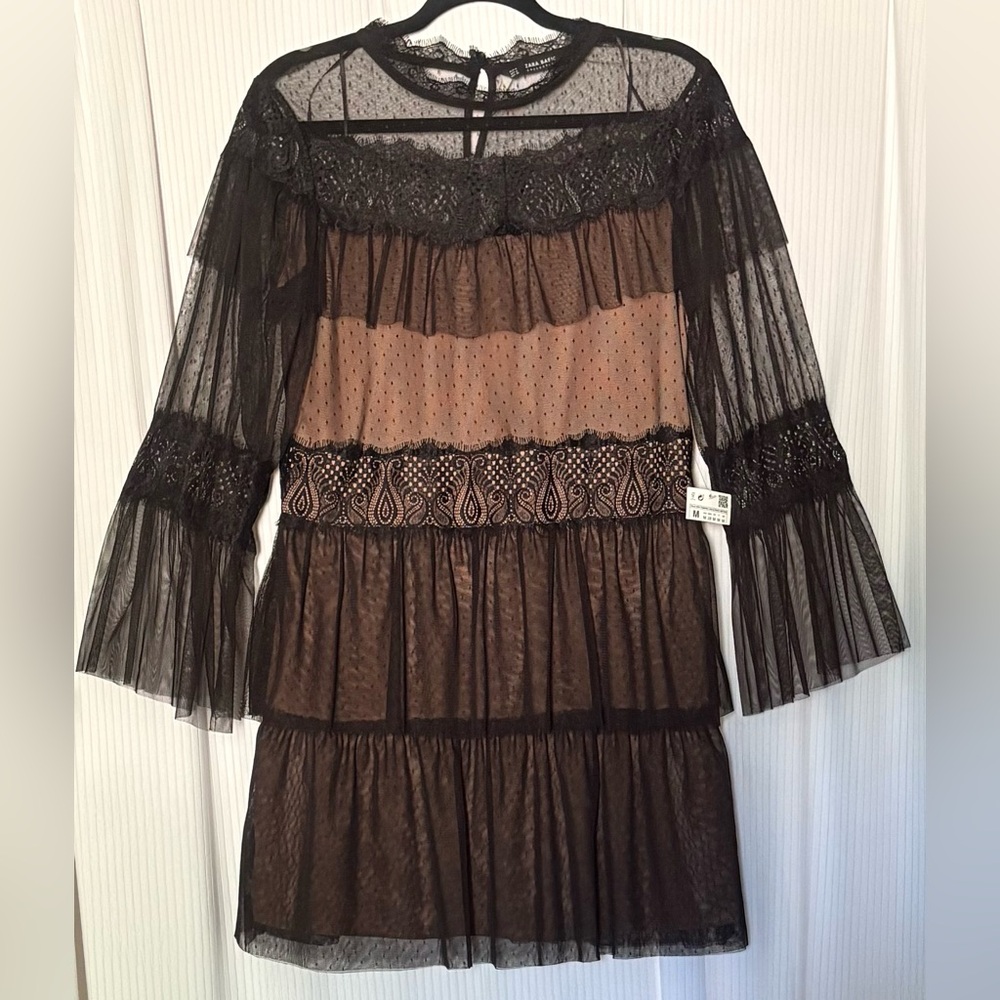 Zara - Long Sleeve Sheer Mesh And Lace Overlay Dress Black And Beige - Medium